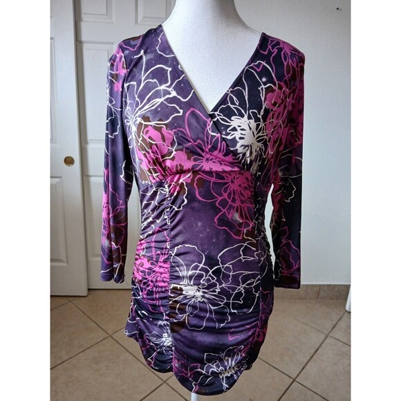 INC International Concepts Woman’s Pink Purple 3/4 Sleeve V‎ Neck Ruched  L Y2K - Picture 1 of 14